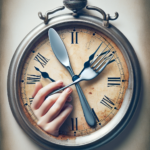 A vintage clock face with a fork and knife delicately overlaid, resembling the clock hands pointing to specific hours.