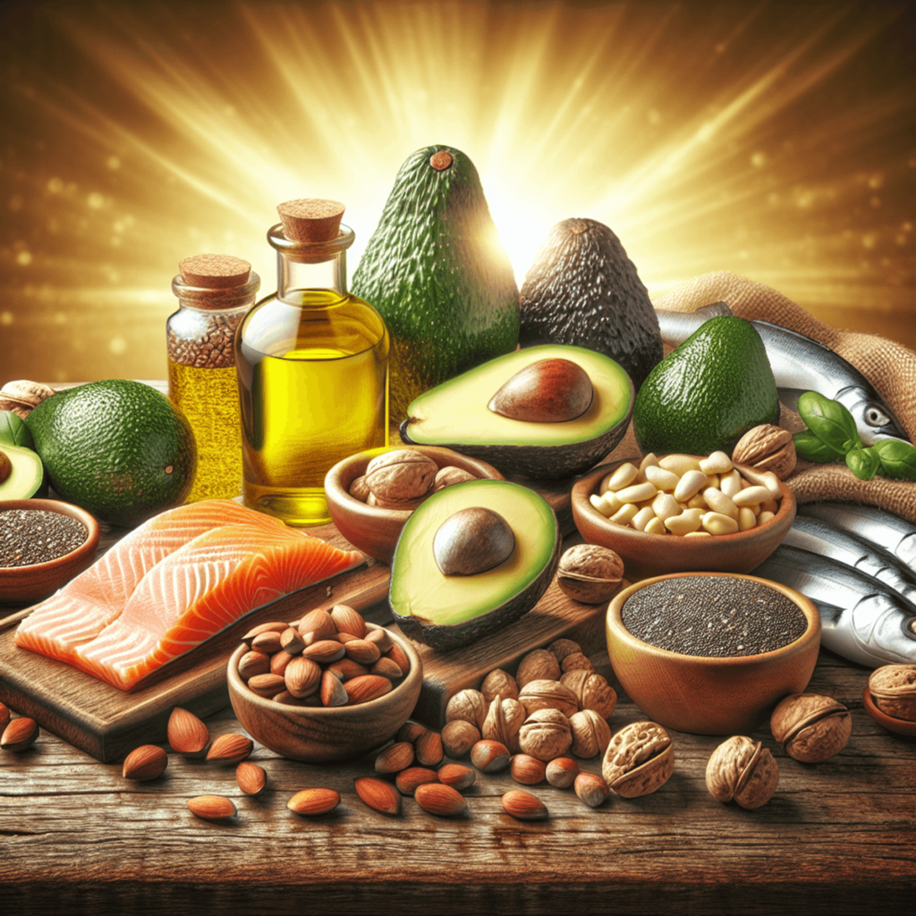 A beautifully arranged display of high-fat foods on a grainy wooden table, featuring ripe avocados, an assortment of nuts, a bottle of olive oil, sect