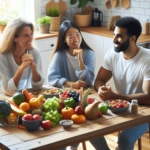 A diverse group of three individuals, a Caucasian person, an Asian person, and a Hispanic person, are gathered around a bright kitchen table filled wi