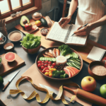 A vintage-inspired kitchen scene featuring an Asian woman cheerfully preparing a balanced meal on a plate, which includes colorful fruits, leafy green