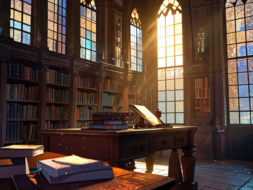 a library with books and a desk